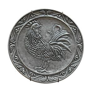 Oval Rooster Plate, Vintage Wall Art, Farmhouse Pewter, Collector Metalware